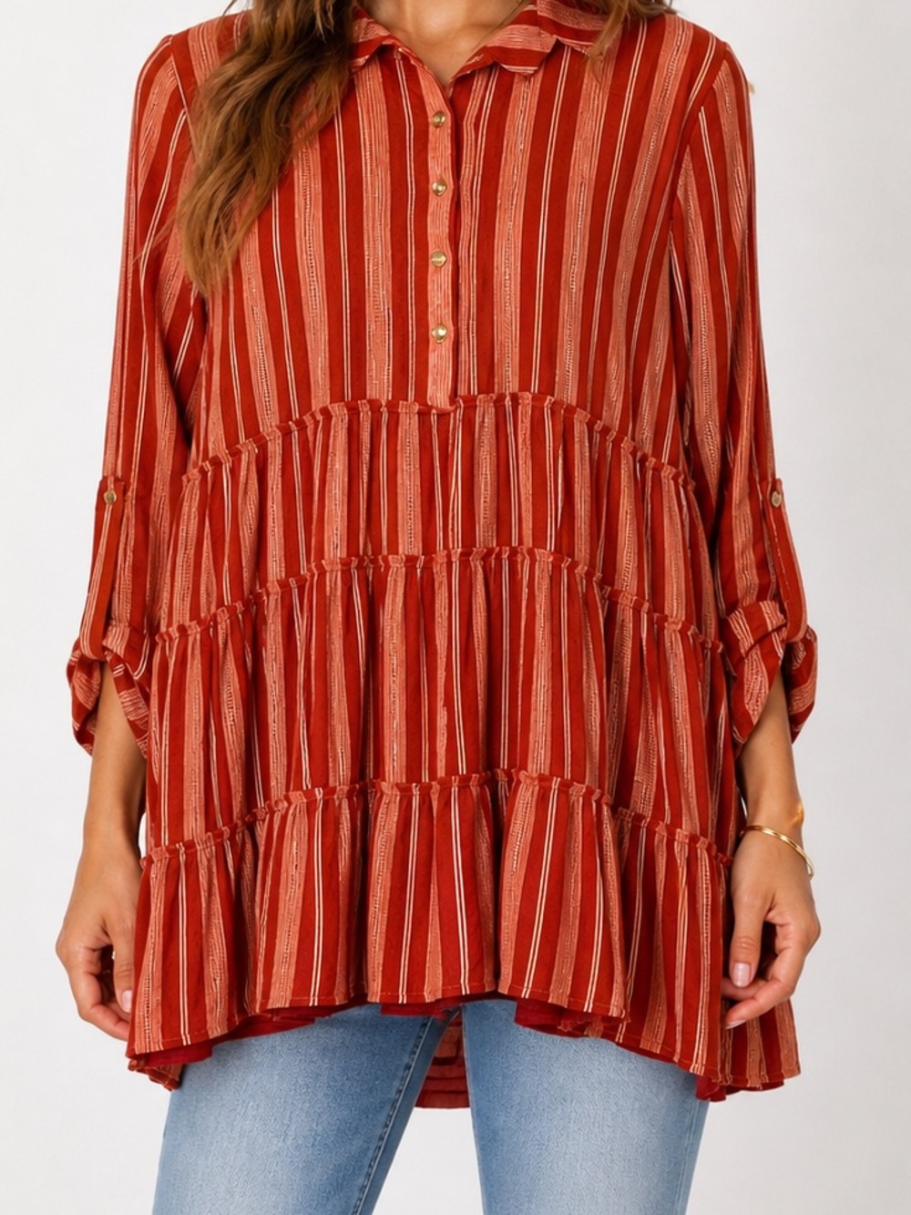 Blue Rain Boho Tiered Tunic Top Small Rust Orange Stripe Flowy Rayon